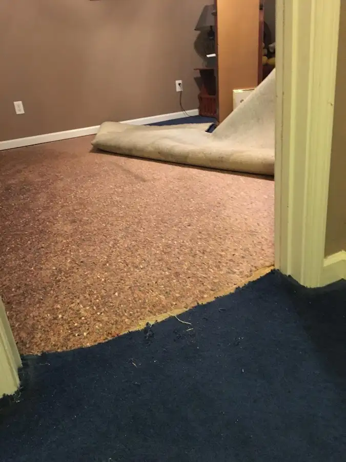 Carpet pad removal revealing water damage during Water Mitigation Services in Durant